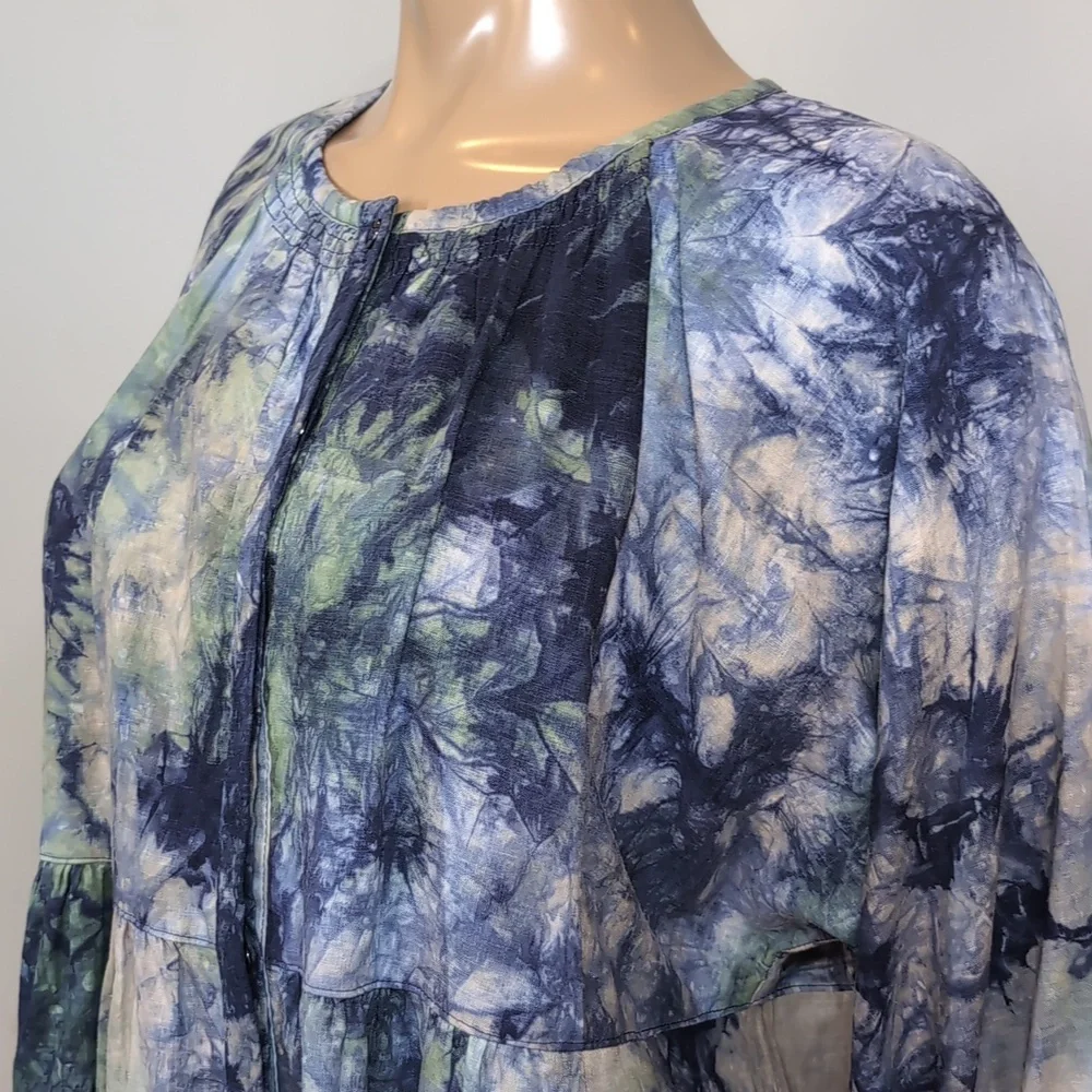 NEW Cabi Woodstock Blue Green Tie Dye Linen Babydoll Top Tunic Size Medium - Picture 4 of 14